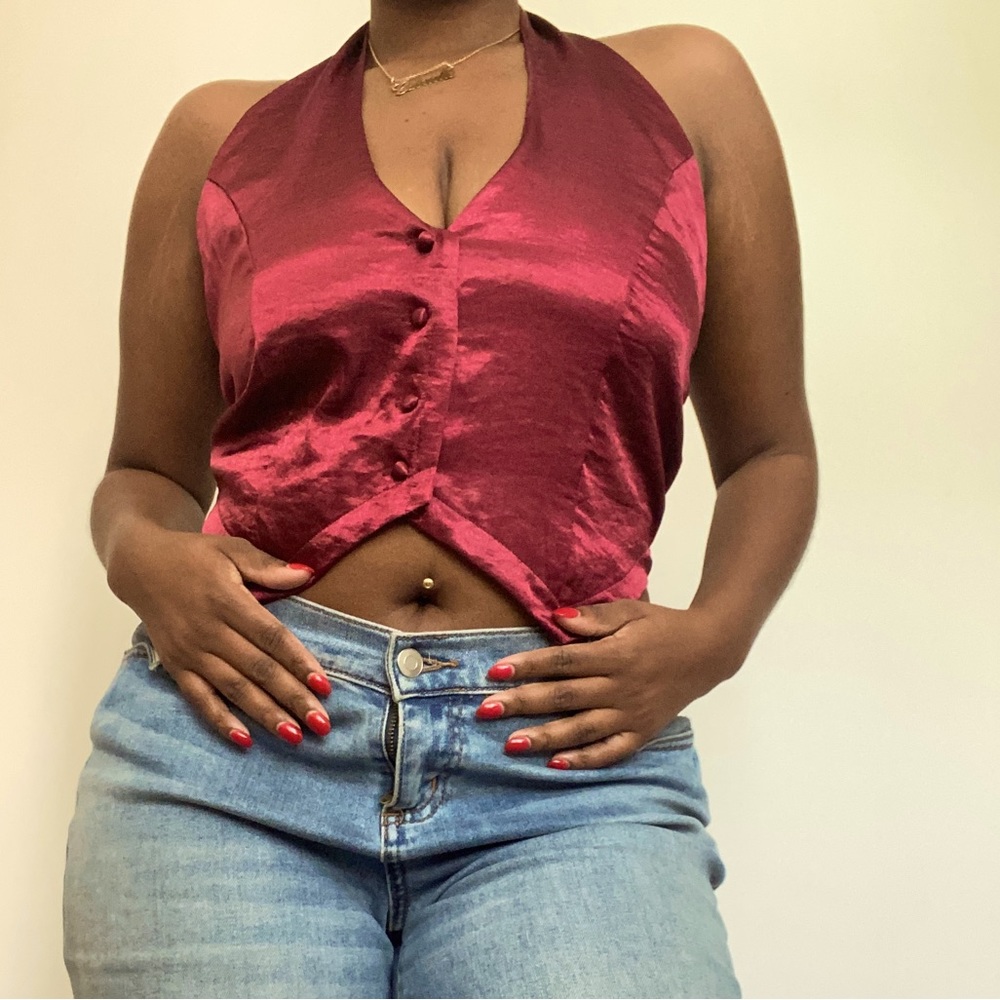 Satin Cropped Wine Red Halter Vest